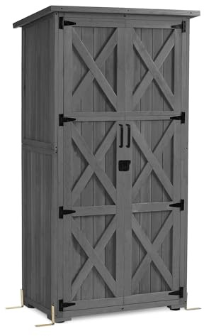 M MCombo Holz Gartenschrank, Outdoor Gerätehaus Geräteschuppen, Gartenhaus Klein Wetterfest, für Außenbereich Balkon Terrasse, 55×90×169cm, 0878 (Grau)