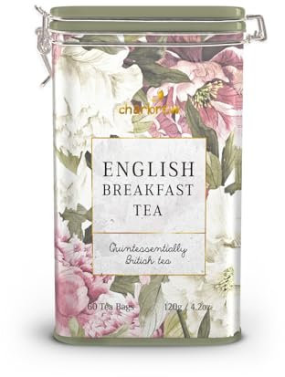 Charbrew Spring Floral English Breakfast Tea Tin, 60 Teabags | Classic Black Tea Blend in Reusable Metal Decorative Tin