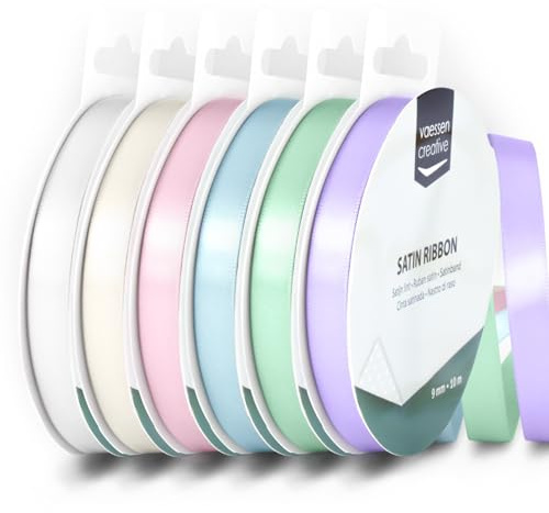 Vaessen Creative Cinta de Raso 9 mm x 10 m - para Lazos, Regalos, Decoraciones, Boda, Atrapasueños y Manualidades - Colores Baby Shower y Comunión - 6 Unidades