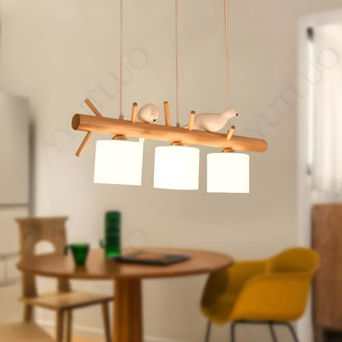 YYUTLUO Moderner Kronleuchter Aus Holz Mit Weißem Vogel, 3xE27-Lampenschirm Aus Glas+Anhänger Aus Naturholz, Hängedraht 120cm Verstellbar, Kinderzimmer, Wohnzimmer, Esszimmer, Kücheninsel (L80xB15cm)
