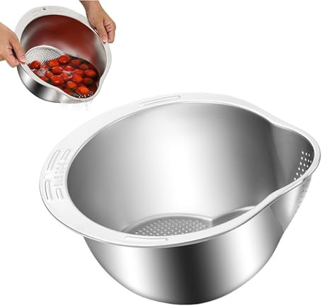 Vgvgaj 24 x 9 x 13 cm, colador de arroz, colador de acero inoxidable, colador para lavar arroz y cuenco con red de filtro lateral para la cocina