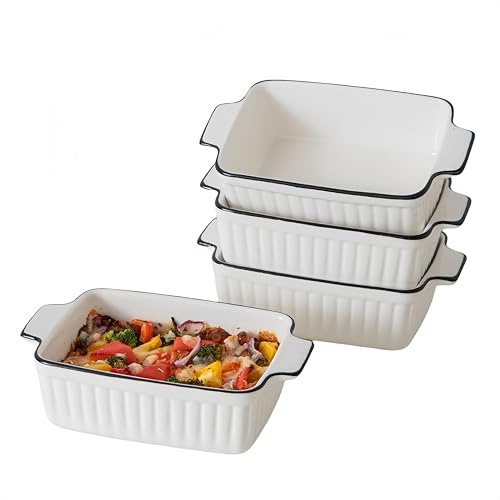 DLIM HOME 12 Oz Casserole Dish, Ceramic Baking Dishes Sets of 4, Small Casserole Dish with Handle, Porcelain Bakeware Sets, 5 Rectangular Baking Serving Dish for Casserole, Cakes, Dishwasher Oven Safe