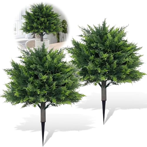2 árboles de bolas artificiales de ciprés con estaca de 17,72 pulgadas, plantas artificiales para exteriores, arbustos artificiales para decoración de interiores, jardín, decoración de patio