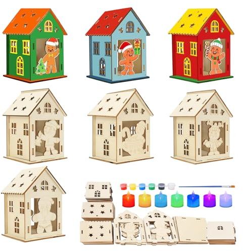 7 pezzi casa di Natale fai da te per bambini, in legno di pan di zenzero, set fai da te, decorazione natalizia per bambini, 7 colori