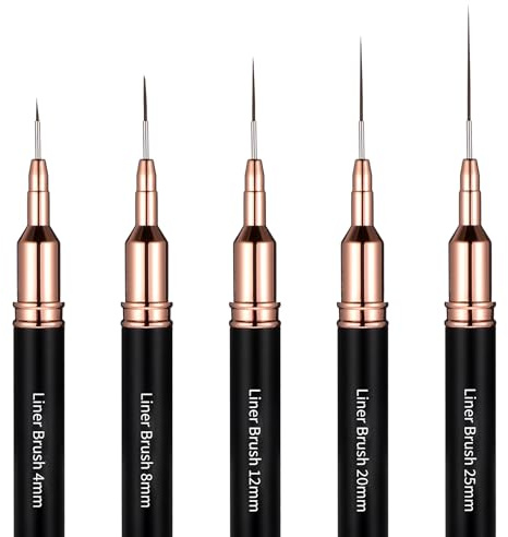 5 PCS Metallic Nail Art Liner Brush Set, Black UV Gel Polish Painting Tools for Long Lines, Thin Details, Fine Drawing, Sizes 4/8/12/20/25mm