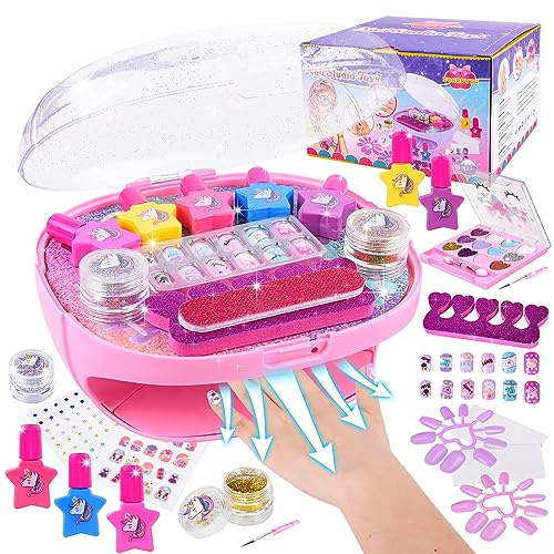 Herenear Nagelstudio Kinder Mädchen, Geschenke für Mädchen Nagellack Set, Nagelkunst Kinder 6 7 8 9, DIY Schminkkoffer Spielzeug, Kinderschminke Set mit Nageltrockner für Geburtstag Weihnachten