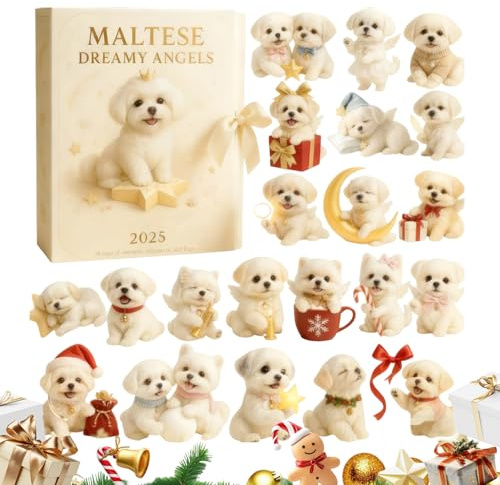 Calendario 'Avvento natalizio 2025 con cane maltese, 24 giorni, contiene 24 decorativi in acrilico 2D di cane maltese, per parete, finestra, albero, feste, auto, borsa, borsa