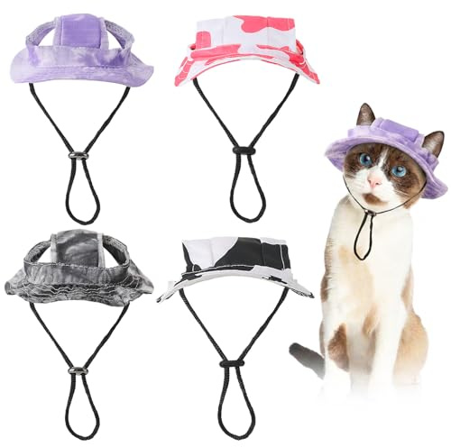 Smivyhp 4 Stück Katzen Hut,Verstellbar Fischerhut Sonnenschut mit Ohrlöchern, Sommer Mütze für Kleine Katzen Hund Outdoor Aktivitäten