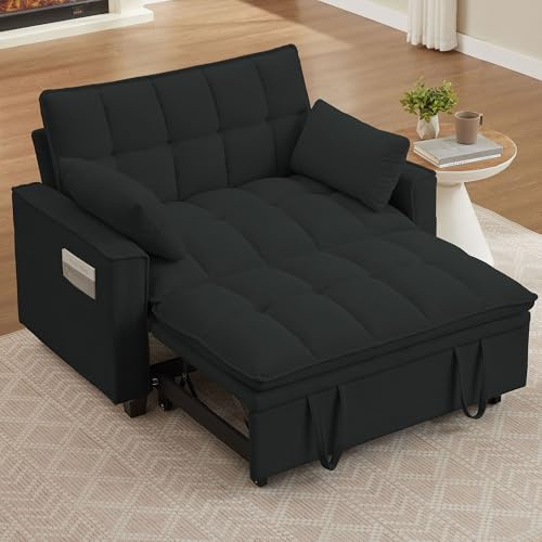 Portaforta Sleeper Sofa with Pull Out Couch Bed, 48 Convertible Pull-Out Sofa Bed Chair, 3-in-1 Futon Couch with Reclining Backrest and Side Pockets for Living Room Bedroom Apartment, Black
