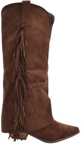 Stivali Donna al Ginocchio camperos in camoscio Marrone con Risvolto e Frange Tacco Western 4 cm Zip Intera (38 EU)