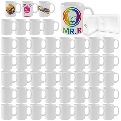 MR.R Set di 48 tazze da caffè in ceramica bianca a sublimazione per lavastoviglie, 325 ml, in ceramica, classiche, per latte, tè, cola, acqua