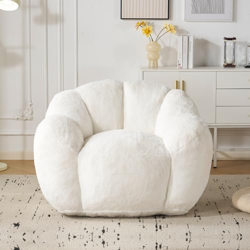 Fiximaster Pouf per adulti con imbottitura, pouf a forma di petalo, grande bean bag in finta pelliccia, comoda poltrona lounge, schiuma ad alta densità, camera da letto, soggiorno (Crema)