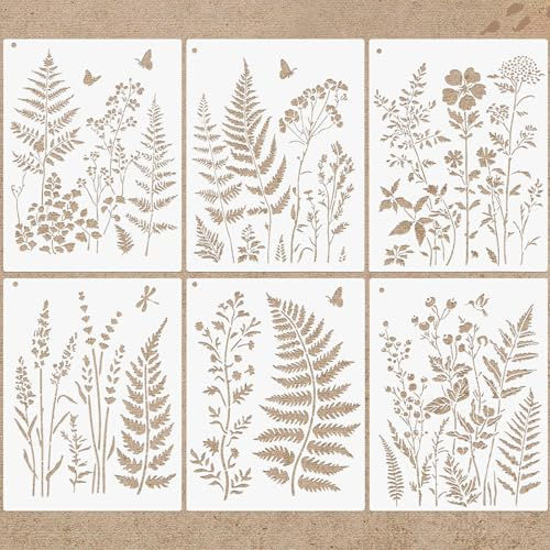 6 Pack Botanical Stencils for Painting 14x11 Inch Fern Leaf Flower Template | Reusable Plastic Botanical Wall Stencils for Painting on Wood, Fabric, Furniture & Tiles, DIY Home Decor & Crafts