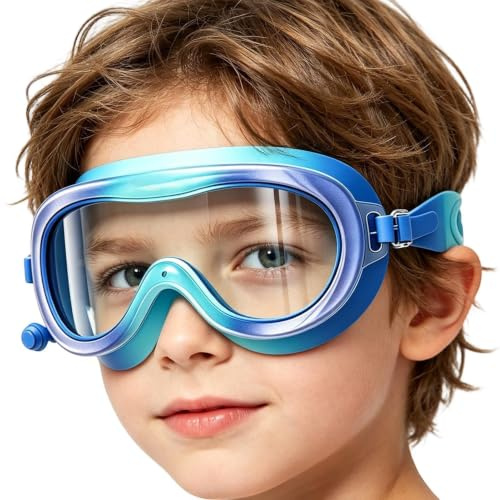 Occhiali da nuoto per bambini, anti-appannamento, con ampia visuale, con tappi per le orecchie, occhialini da nuoto per ragazze con cinturino regolabile, per bambini 3 ai 14 anni, fiume, lago