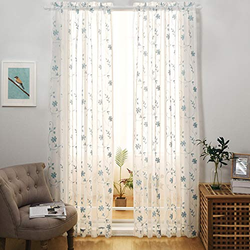 Floral Embroidery Sheer Curtains Blue 95 Inches Long, Window Treatments Rod Pocket Drapes for Living room, Bedroom, Semi Crinkle Voile Curtain Panels for Yard, Patio, Villa, Parlor, Set of 2, 52x95.