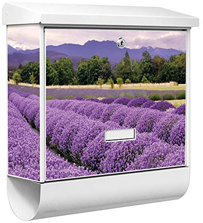 banjado® Burgwächter Briefkasten Weiß 38x39x12cm mit Motiv Lavendel/Briefkasten mit Zeitungsfach/Briefkasten mit Zeitungsrolle/Postkasten inkl. Montagematerial & 2 Schlüsseln
