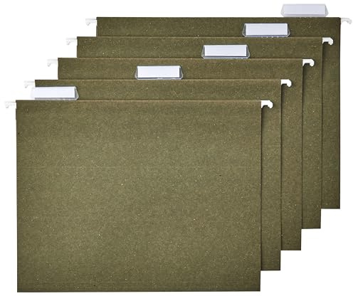 Amazon Basics Hanging File Folders for Documents, Letter Size, 1/5-Cut Adjustable Tabs, Standard Green, 50 Count