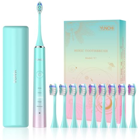 YUNCHI Y7 Spazzolino Elettrico Sonico per Adulti, 5 Modalità & Timer, 45 Giorni Autonomia, 8 Testine + Custodia da Viaggio, IPX7 Impermeabile, Blu