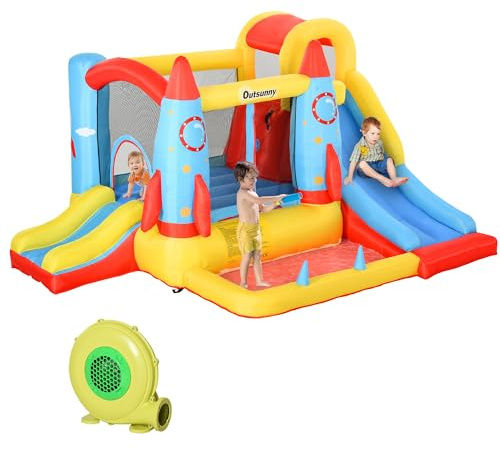 Outsunny Bouncy Castle, 3 in 1 Inflatable Bounce House with Dual Slides, Trampoline and Water Pool for Kids Age 3-8 Indoor Outdoor, 3.3 x 2.65 x 1.85m, Rocket Design