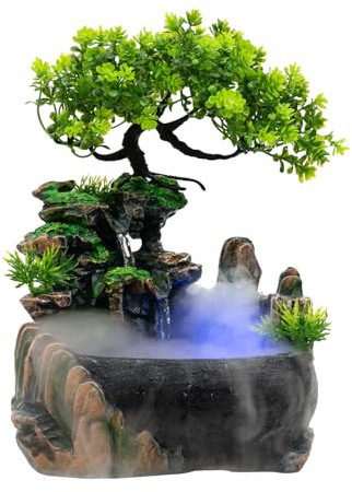Wasserspiel LED Wasserfall Zimmerbrunnen Harz Brunnen Bonsai Wohnkultur Tischbrunnen für Büro Schlafzimmer Dekoration 17 * 15 * 18cm