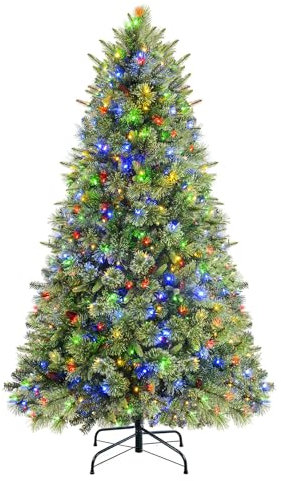 SHareconn 6ft Prelit Premium Artificial Hinged Christmas Pine Tree with 340 Warm White & Multi-Color Lights, 8 Light Modes, 1398 Branch Tips and Foldable Metal Stand, Easy to Assemble