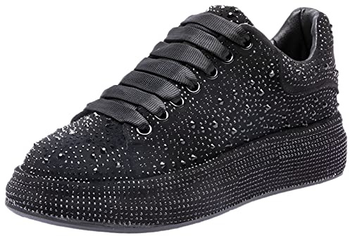 ANUFER Damer mode tjock sula sneakers gnistrande gradientfärger strass snören tvångsfria sportskor, svart, 38.5 EU