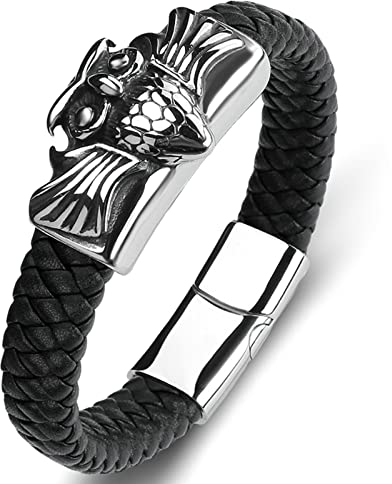 Dsnyu Bettelarmband Junge, Schwarz Armbänder Couple mit Magnet Verschluss, 18.5CM Eule Punk Armband Leder für Verlobter