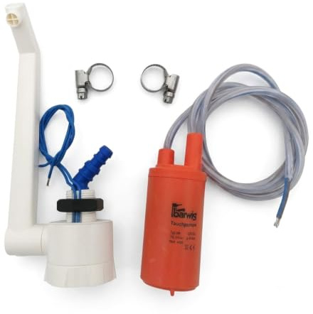 CR-MOESANCO Set Wasserhahn + Pumpe + 2 Edelstahlschellen für Wohnmobile, 12 V, Waschbecken, Camper, Weiß, Thermoplast, Schwanenhals-Design