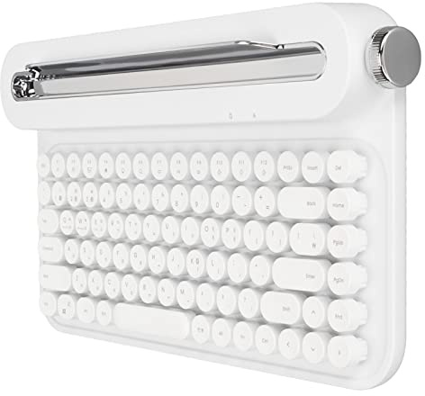 AMONIDA Tastiera Bluetooth Vintage Tastiera per Macchina da Scrivere Tasti Rotondi Tasti Compatti 86 Universali con Supporto Integrato per Smartphone (Bianco)