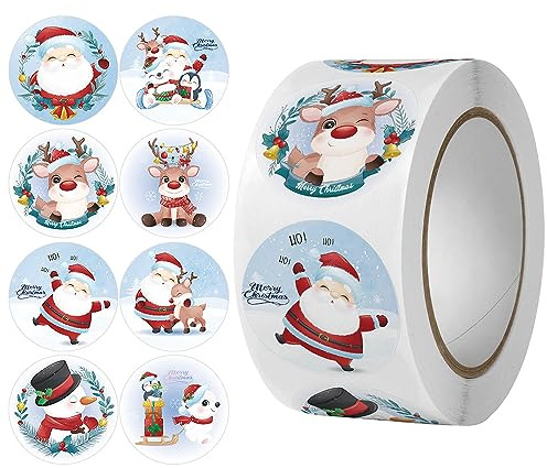 500 Stück Weihnachtssticker Sticker，Weihnachtsaufkleber Rund Geschenkaufkleber Frohe Weihnachten Etiketten Selbstklebend Rollen Stickers Merry Christmas Etiketten(Type H)