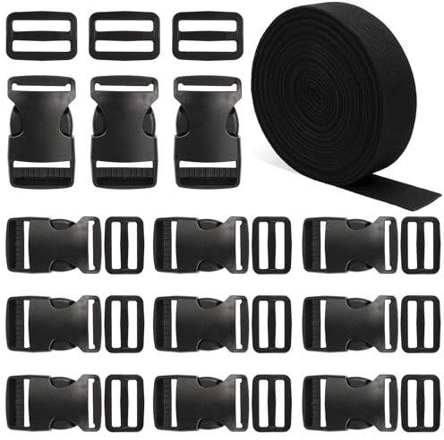 WOOWAIR 10M x 30mm Nylon Gurtband mit 12 Paare Schnallen, Strapazierfähiges Gurtband und Side Release Schnallen Clips für DIY Handwerk Rucksack Umreifung Gepäck Befestigung Gurt