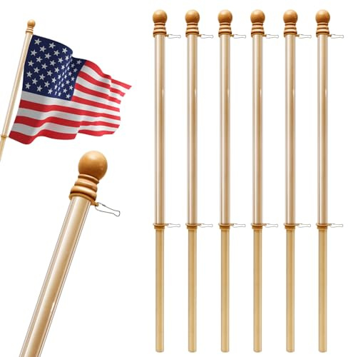 Thyle 6 Pcs Wooden Flag Pole for 2 x 3 Sleeve House Flags Wood Flagpole Wall Mount Garden Flag Pole Banner Pole with Ring Clip and Anti Wrap Tube, Flag and Flagpole Holder Not Included(56 Inch)