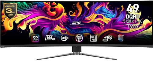 MSI MPG 491CQPDE QD-OLED 49 DQHD Curved Gaming Monitor - 1800R, 5120 x 1440 Quantum Dot OLED Panel, 144Hz / 0.03ms, 99% DCI-P3, Delta E≤2, DisplayHDR True Black 400, KVM - DP 1.4a, HDMI 2.1