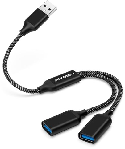 AIYEEN USB Splitter Cable, USB A Splitter 1 in 2 Out Adapter, Dual Port Hub for Data Transfer/Charging, Extra Extender Data Split Power Cord Extension for Car/Laptop/Mac/PC (Black)