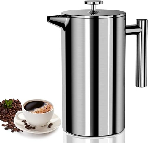 VOSFEEL French Press 1L, Caffettiera Francese con Triplo Filtro, Caffettiere a Pistone con Funzione Termica, Doppio Acciaio Inox Caffettiera French, per Casa, Viaggio, Campeggio (15 x 13.5 x 23cm)