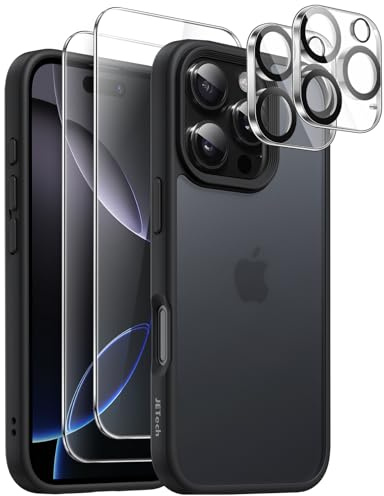 JETech Cover Opaca 5 in 1 per iPhone 16 Pro, Nero | 2 Pellicole in Vetro Temperato, 2 Protezioni per Fotocamera, Custodia Protettiva con Retro Traslucido