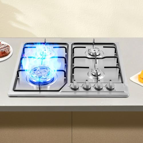 Gaskochfeld 4 Flammig,Gepulste Zündung Druckknopf-Drehschalter Küche Einbauherd Gaskocher Einfach Bedienen, für Haushalten Restaurants