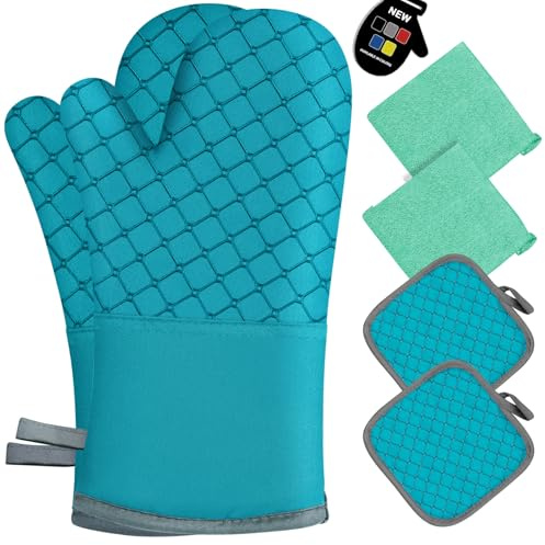 Lot de 6 gants de cuisine et maniques résistants à la chaleur de 260 °C avec doublure en coton doux et surface en silicone antidérapante, sans danger pour la pâtisserie, la cuisine, le barbecue (bleu