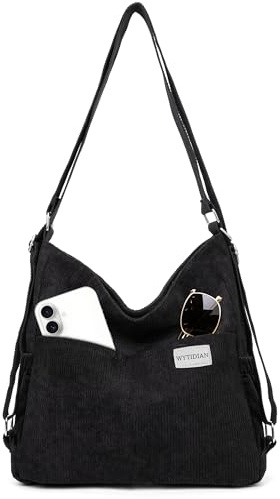 Wytidian Corduroy Tote Backpack Crossbody Bag for Women, Convertible Shoulder Bags Designer Handbag for College, Work (Black)