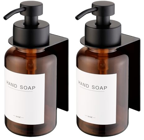 Glas Seifenspender mit Wandhalterung selbstklebend | Edelstahl-Pumpspender für Flüssigseife | Spülmittelspender ohne Bohren 400ml(Braunglas/Schwarz X2)