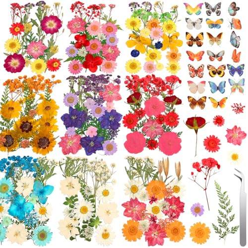 235 Pcs Pressed Dried Flowers for Resin, Natural Real Dried Pressed Flowers for Crafts, Bulk Dry Flowers for Resin Molds, Candles, DIY Art Jewelry Making with Tweezers Butterfly Stickers Set Decorate
