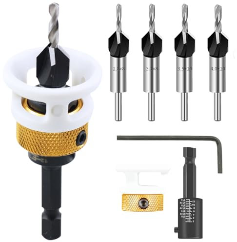 Svasatore per Legno con Arresto di Profondità, Set di 6 Punta da Trapano con Svasatore Regolabili con Gambo Esagono da 1/4, HSS Professionale Punte per Legno per Falegnameria