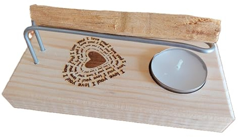 YA-DECOREGALOS Quemador para Palo Santo o inciensos, Fabricado artesanalmente Base de Madera con Grabado corazón ILY, Varillas metalicas Incluye Palo Santo y velita de te, armoniza Lugar.