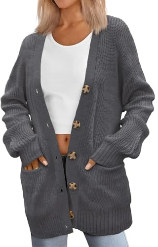 Zeagoo Damen Strickjacke Langarm V-Ausschnitt Grobstrick Cardigan mit Knöpfen Herbst Locker Lang Strickjacken Casual Warme Strickweste Taschen Grau L