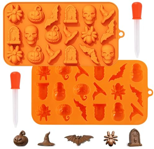 prota Lot de 2 moules à chocolat en silicone en forme de tête de mort Halloween avec 2 compte-gouttes pour chocolat bonbons pâtisserie