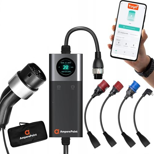 Ampere Point Mobile Wallbox 22 kW 32A Typ 2 EV Ladegerät, 7,5 m Kabel, Einstellbare Ladeleistung 6-32A, Mit Wechseladaptern (Schuko, Camping, CEE 16A/32A), WLAN & Tuya-App, LCD-Display, Tragetasche