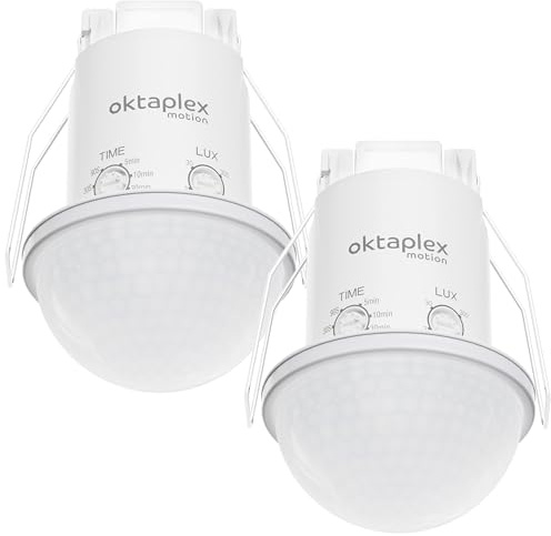 Oktaplex Kim set da 2 sensori di movimento da incasso 360° IP54 bianchi | Sensore di movimento PIR da soffitto 10 m IP54 bianco per bagno ed esterni