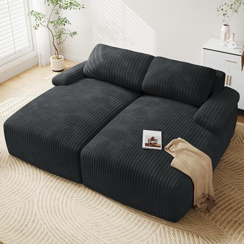 YITAHOME 80 Oversized Double Chaise Lounge, Upholstered Cloud Sofa with Deep Seat & 2 Pillows, Corduroy Loveseat Sleeper Couch with Thick-Density Foam for Living Room, Home Office, No Assembly, Black