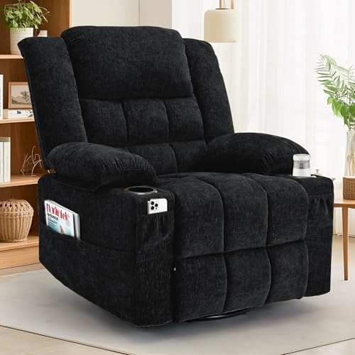 Korser 360° Drehbarer Relaxsessel mit Liegefunktion, Massagesessel mit Wärmefunktion, Fernsehsessel mit Schaukelfunktion, Manueller Leigesessel für Babyzimmer Wohnzimmer (Black)