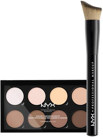 NYX Professional Makeup Pro Palette Highlight e Contour Illuminanti e Bronzer 8 Tonalità per Illuminare e Scolpire il Viso + Pennello Total Control Drop con Setole Angolate Curvate - Set da 2